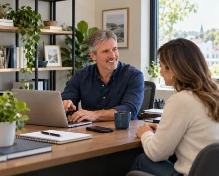 Small-business consultation over a laptop Man and woman discussing work at office desk